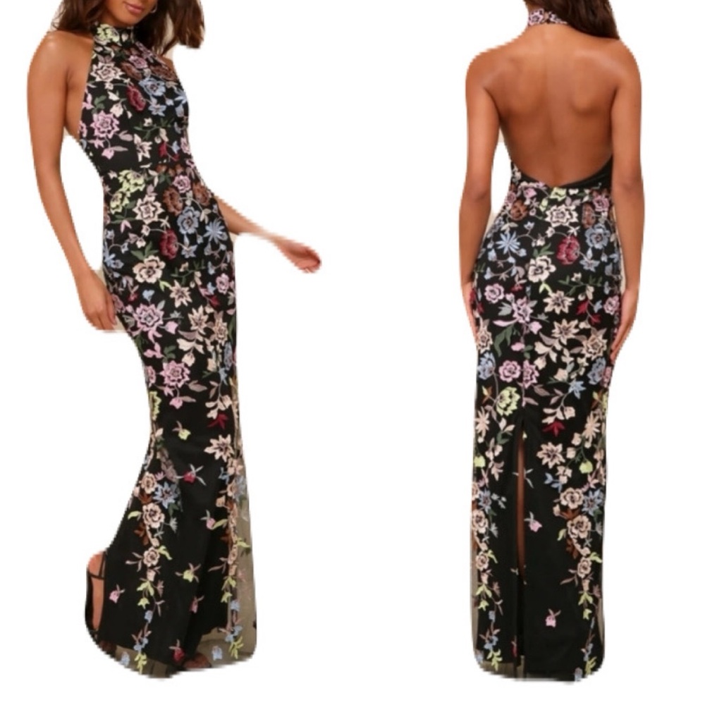 Lulu's Black Floral Halter Maxi Dress with Multicolor Embroidery